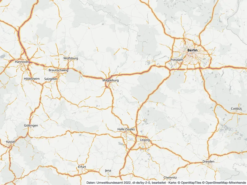 Lärmkarte Sachsen-Anhalt: Straßenlärm tagsüber (Lden) an Hauptverkehrsstraßen und in den Großstädten, Stand 2022