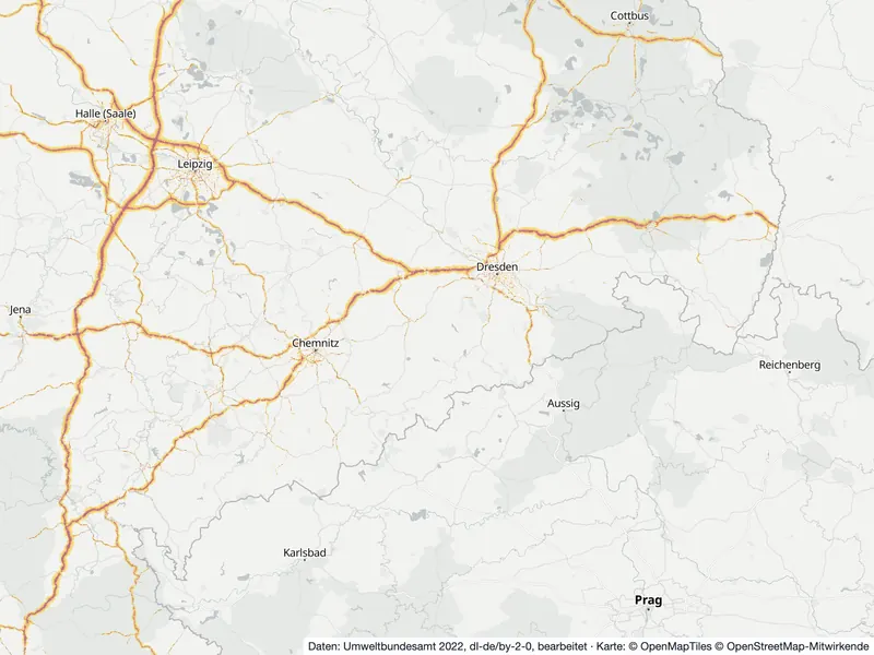 Lärmkarte Sachsen: Straßenlärm nachts (Lnight) an Hauptverkehrsstraßen und in den Großstädten, Stand 2022