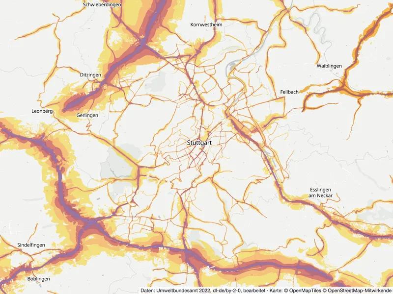 Lärmkarte Stuttgart: Straßenlärm nachts (Lnight) von 50 dB (gelb) bis über 70 dB (violett), Stand 2022