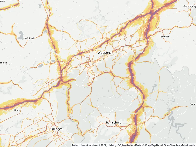 Lärmkarte Wuppertal: Straßenlärm nachts (Lnight) von 50 dB (gelb) bis über 70 dB (violett), Stand 2022