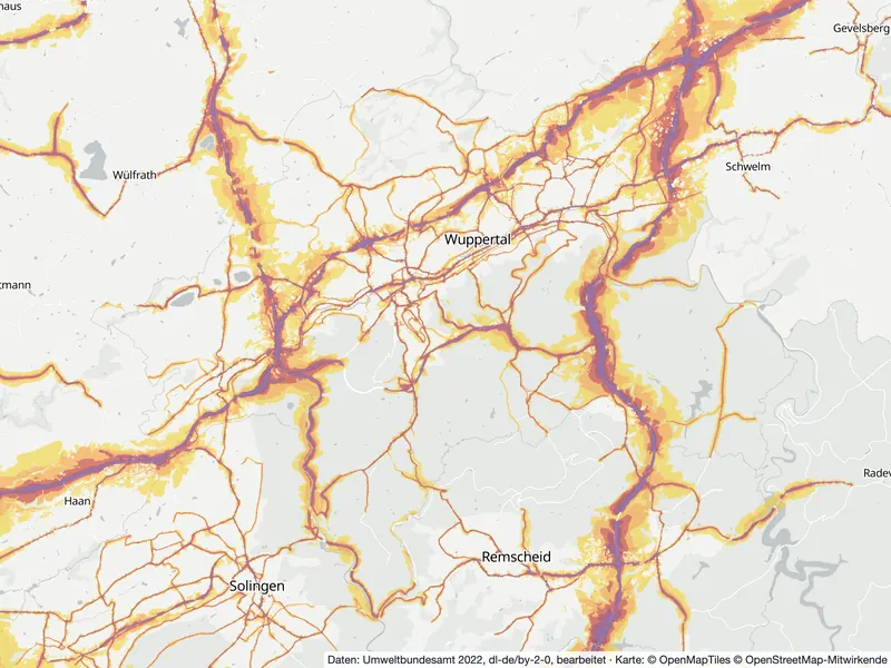 Lärmkarte Wuppertal: Straßenlärm tagsüber (Lden) von 55 dB (gelb) bis über 75 dB (violett), Stand 2022
